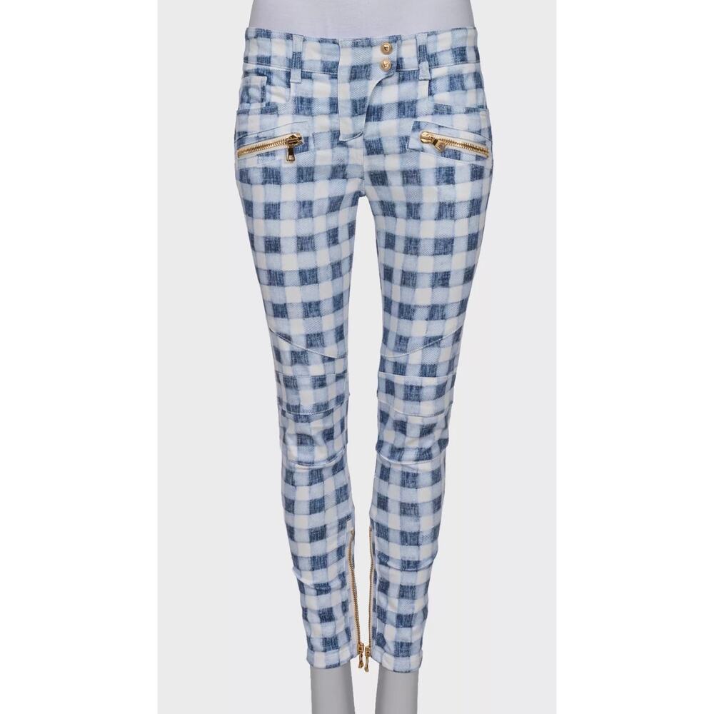 Balmain Plaid Slim-Fit Jeans with Gold Zippers FR38/M